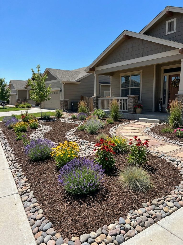 Beautiful mulch and rock front yard landscaping with organic mulch in beds rock borders and colorful plants in sunny setting