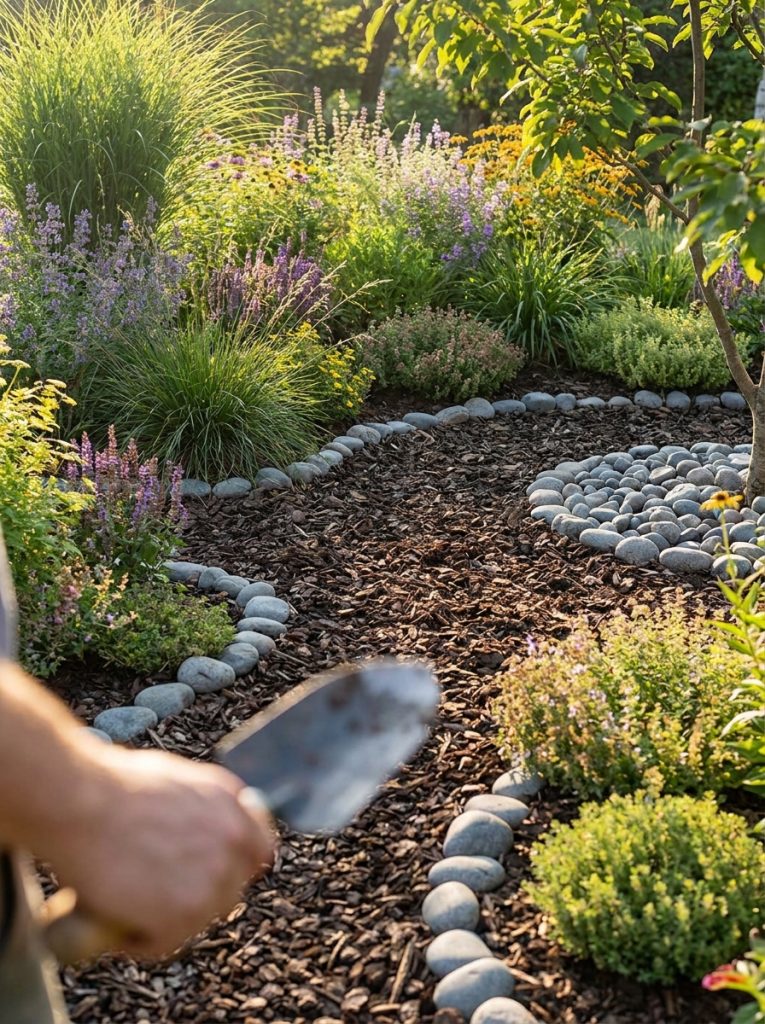 Beautiful mulch and rock combination landscaping with bark mulch in planting areas and smooth rock borders in sunny garden
