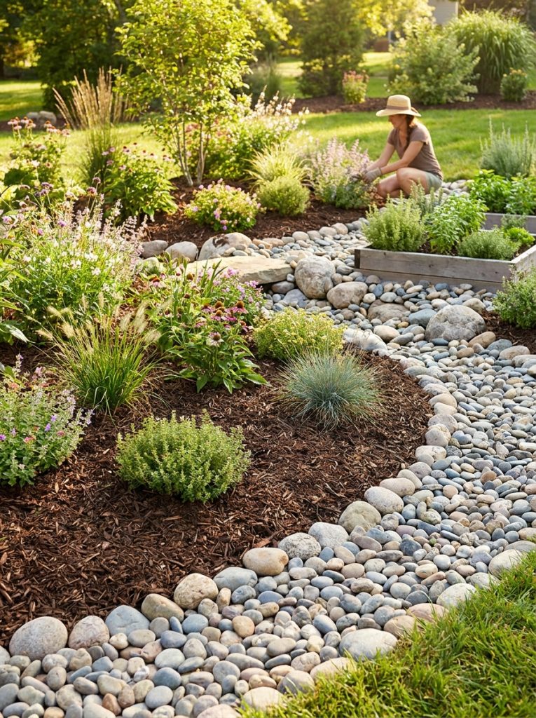Beautiful mulch and river rock combination landscaping with organic mulch in beds and river rocks as borders and accents in garden