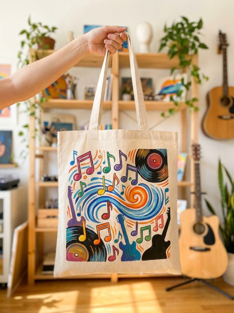 Creative music themed painted tote bag with musical notes sound waves vinyl records or instrument elements in artistic composition