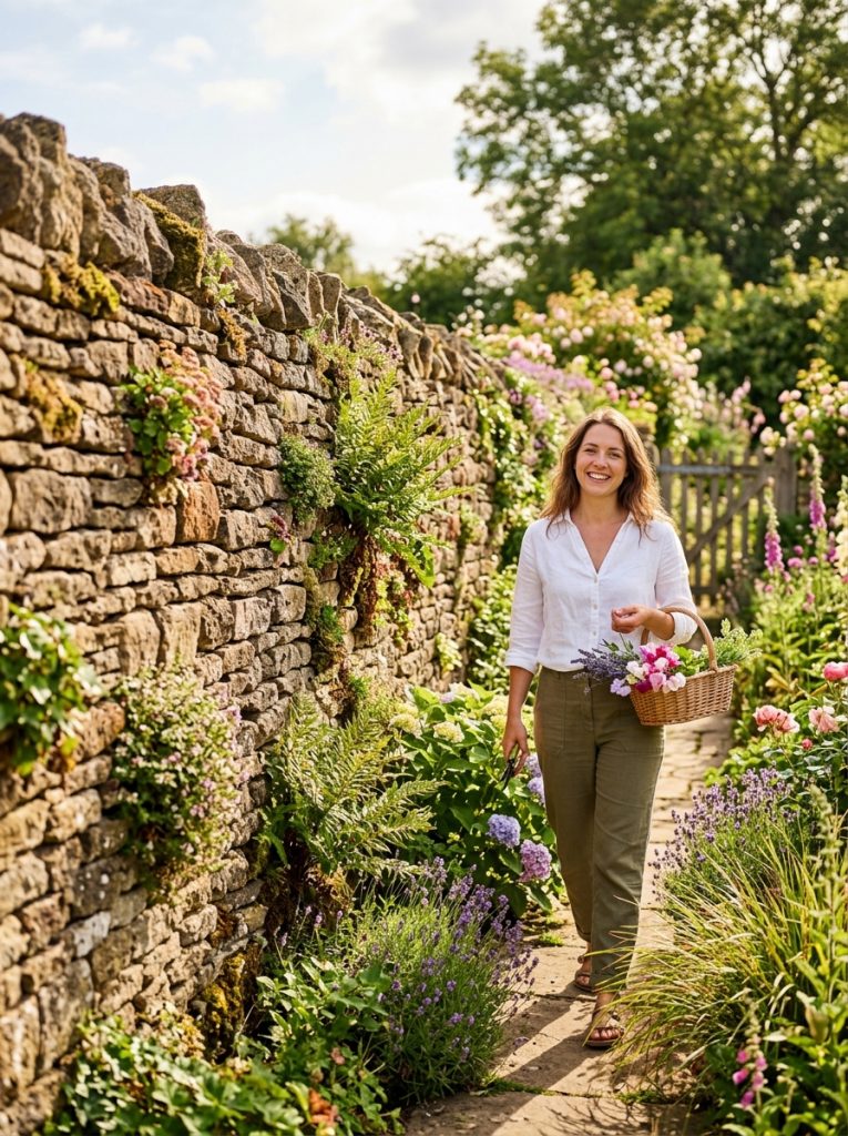 Beautiful natural stone fence wall with dry-stacked stones and plants growing from gaps and alongside in sunny garden
