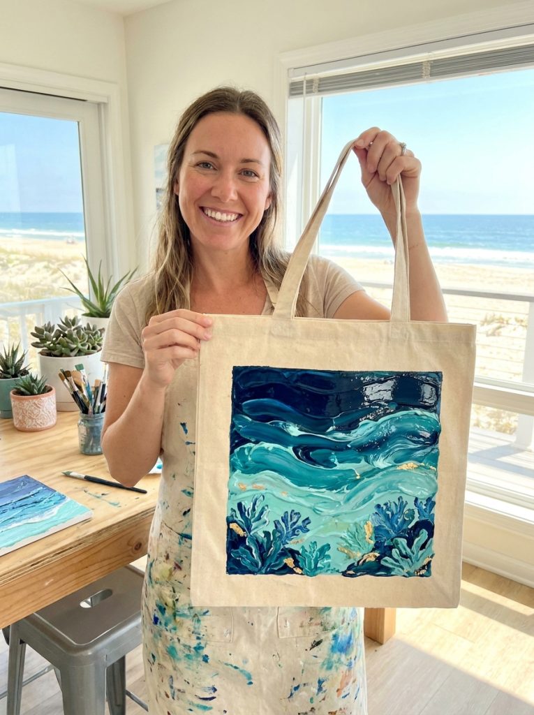 Beautiful ocean themed tote bag painting with layered blue ocean waves in deep navy and turquoise tones creating stunning scene