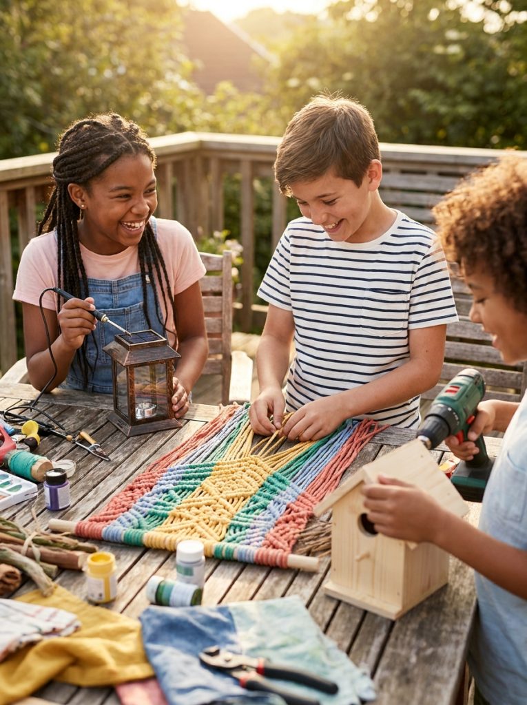 Older kids aged 10 to 12 doing advanced fun summer DIY craft projects with confidence and creative independence