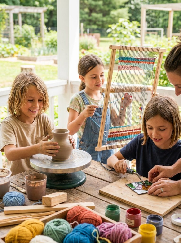 Older kids aged 8 to 10 doing advanced summer crafts with confidence and skill producing impressive complex results 