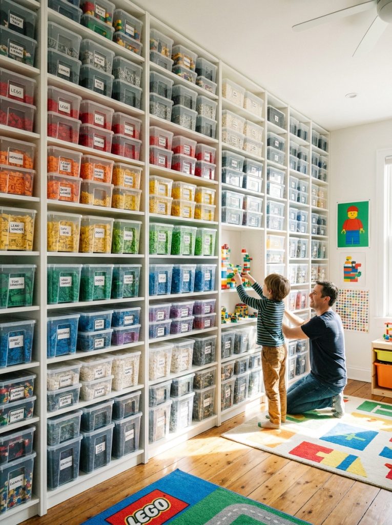  Impressive full wall lego storage system with dozens of clear labeled bins sorted by color and type