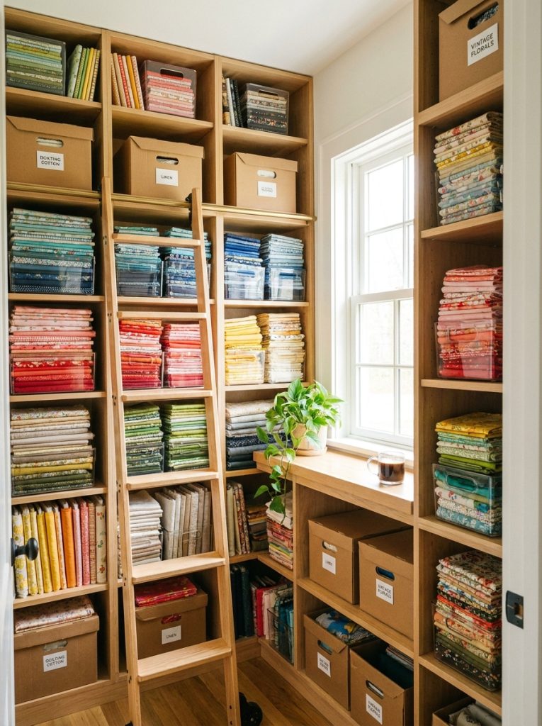 Small closet transformed into fabric storage space with clear bins and labeled boxes on fitted shelves