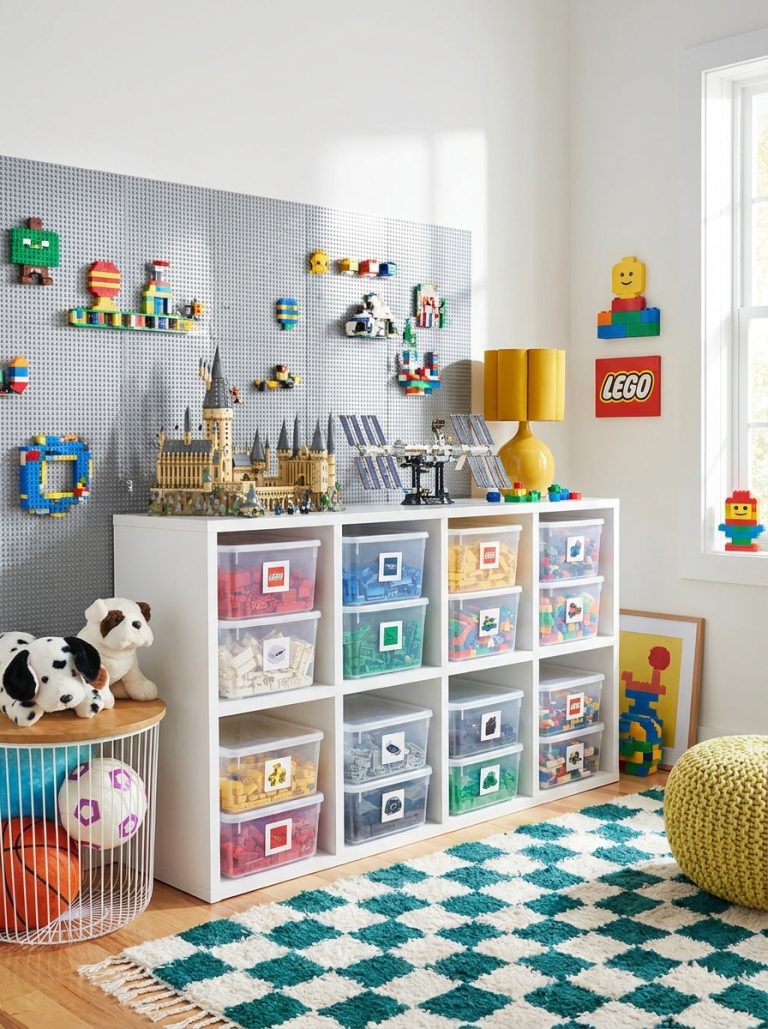 Beautifully organized kids room with clear lego storage bins shelves and display wall