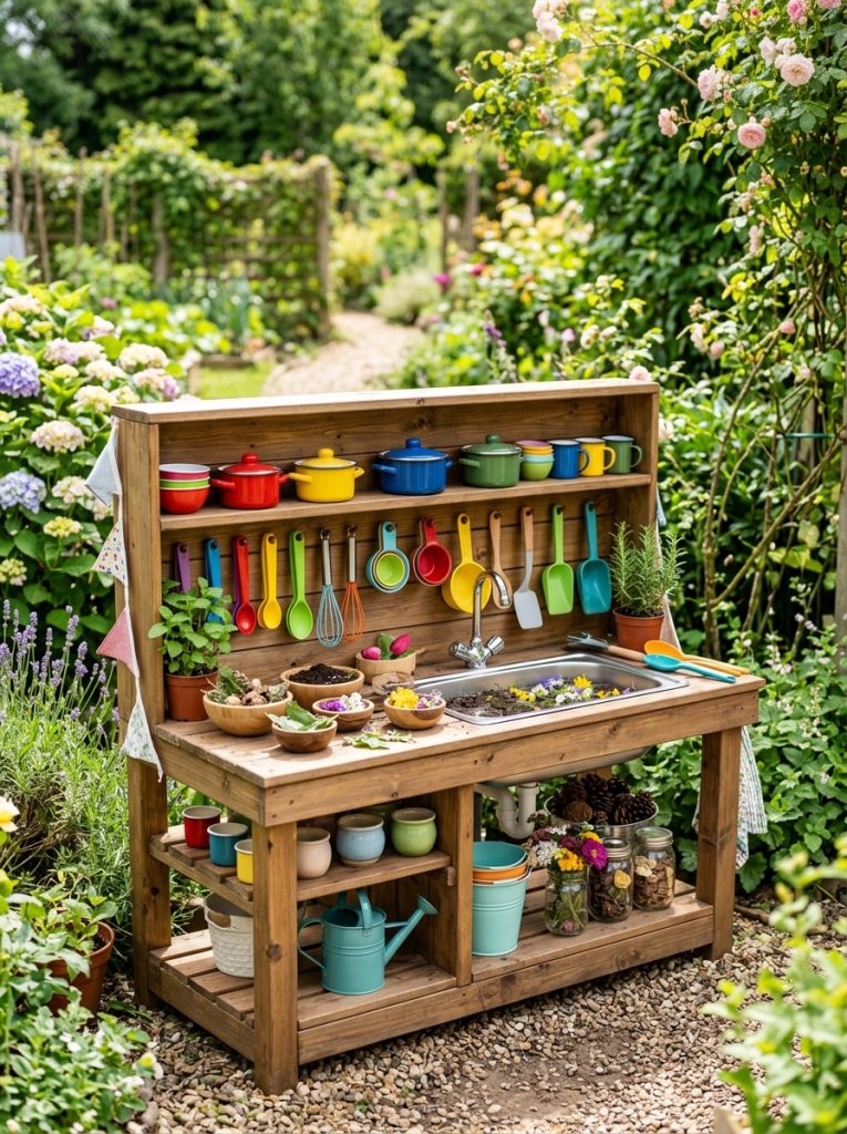 Beautifully organized mud kitchen with complete accessories set pots pans utensils on shelves
