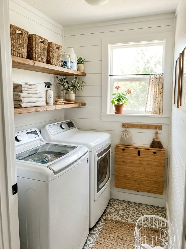 Beautifully organized small laundry room with top loader machine wall shelves storage baskets and fold-down table