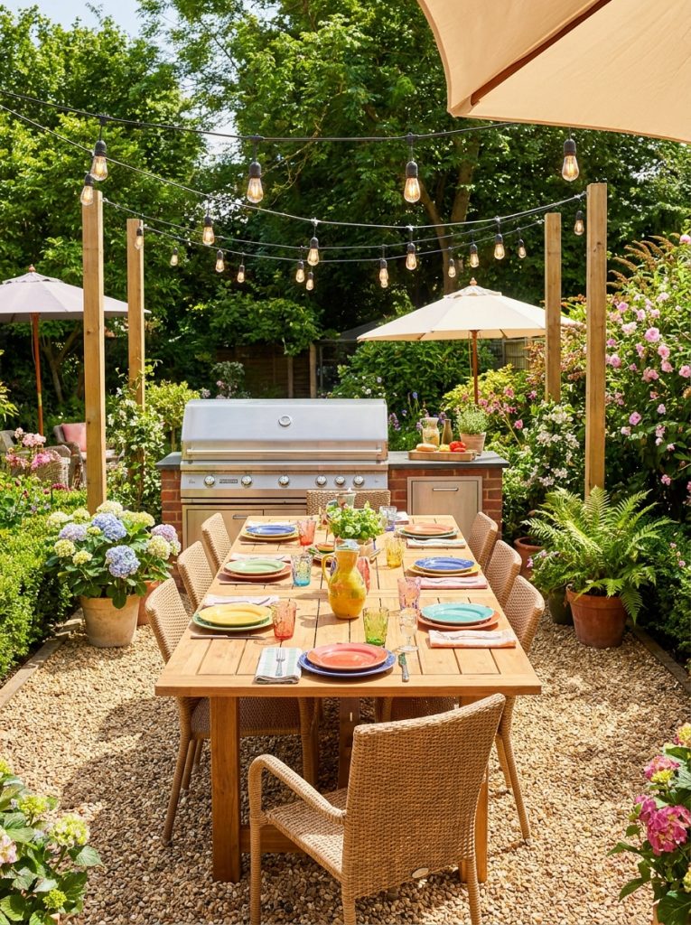  Beautiful pea gravel outdoor entertainment space with dining table chairs barbecue and string lights in sunny backyard