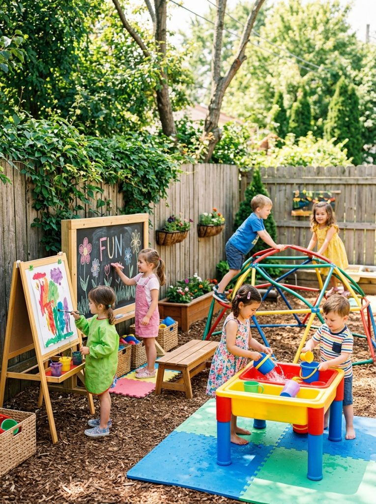 Preschool-style backyard outdoor play area with dome climber and outdoor chalkboard station