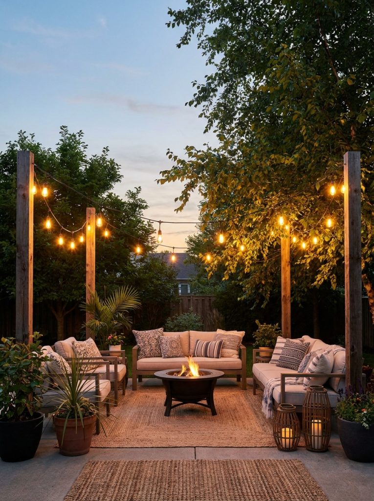 Beautiful outdoor string lights strung between garden posts at dusk creating warm magical backyard ambiance
