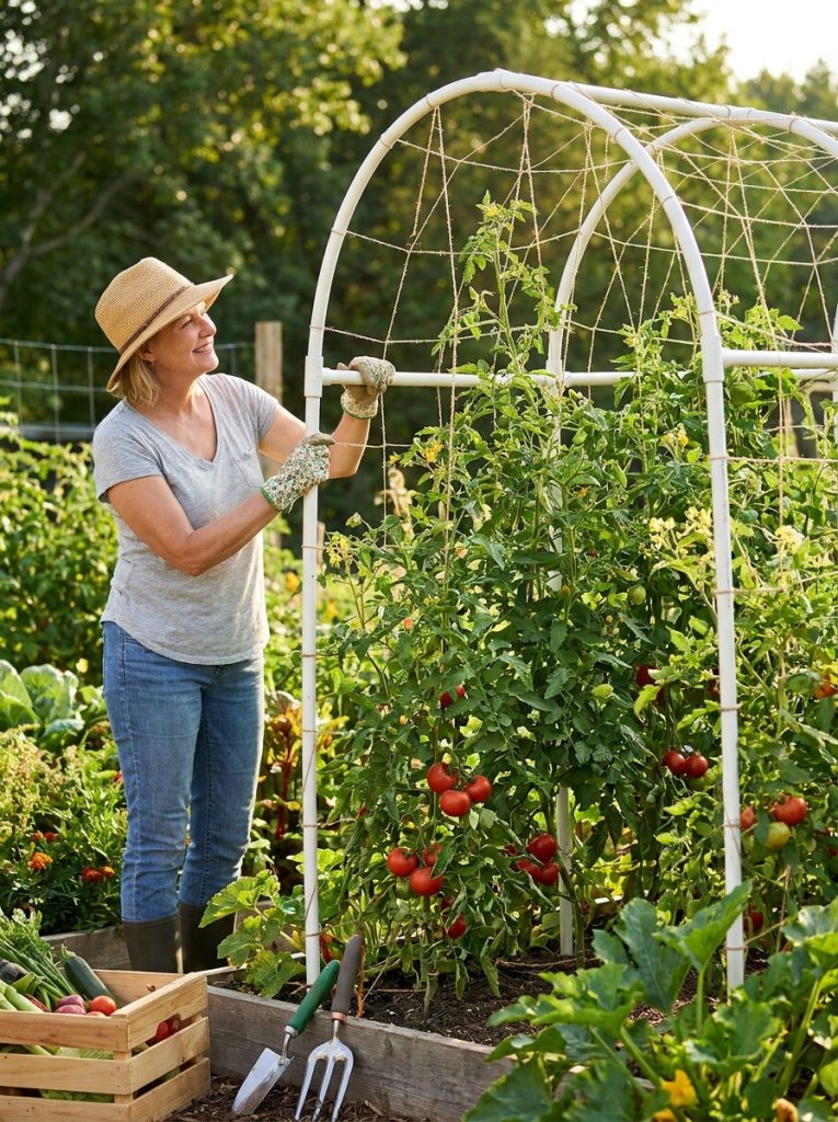 Creative PVC pipe tomato trellis DIY with white pipes assembled into sturdy frame or arch supporting healthy tomato plants in garden 