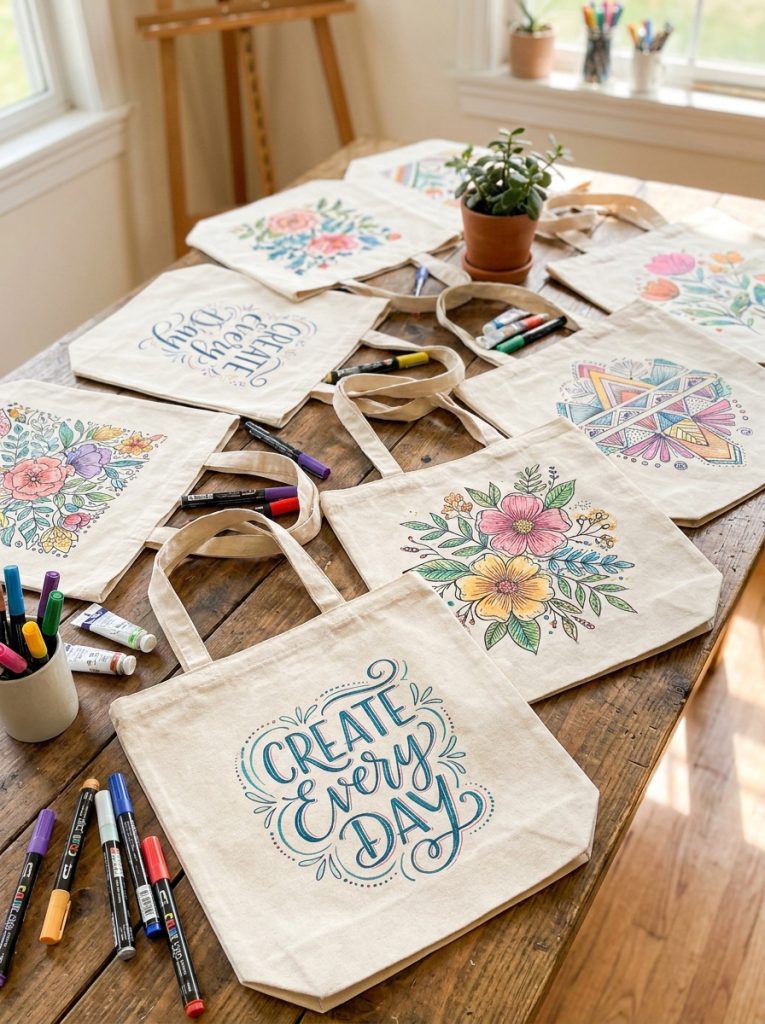 eautiful paint pen tote bag painting ideas with precise aesthetic designs typography botanical line art and decorative patterns