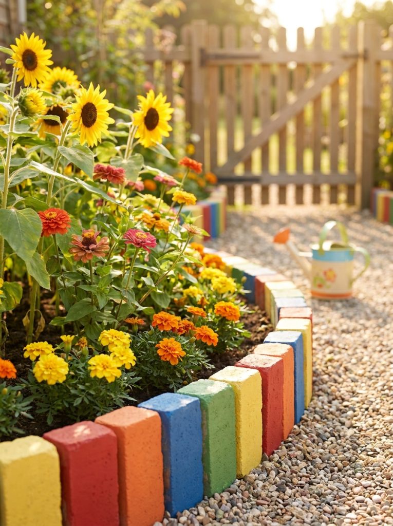 Creative painted brick landscape edging with alternating bright colors creating cheerful patterned border in sunny garden