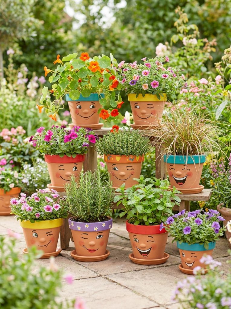 Beautiful painted people face flower pots with charming human faces different expressions and personalities with flowers as hair in garden
