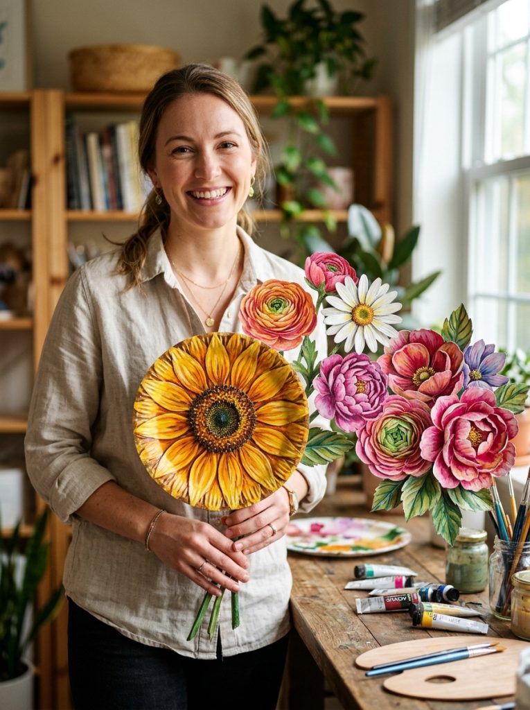 Beautifully painted paper plate flowers with rich vibrant acrylic colors detailed petal shading and realistic flower painting effects