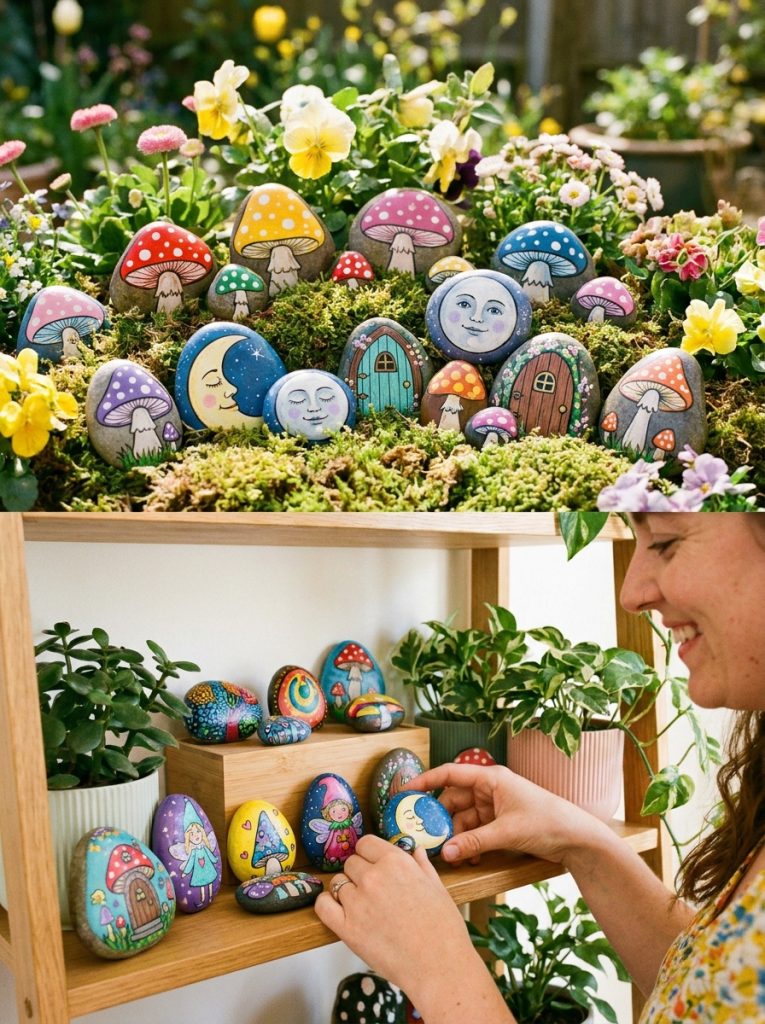 Fun whimsical painted rock crafts with rocks painted as toadstools moon faces fairy doors and magical characters displayed indoors and garden