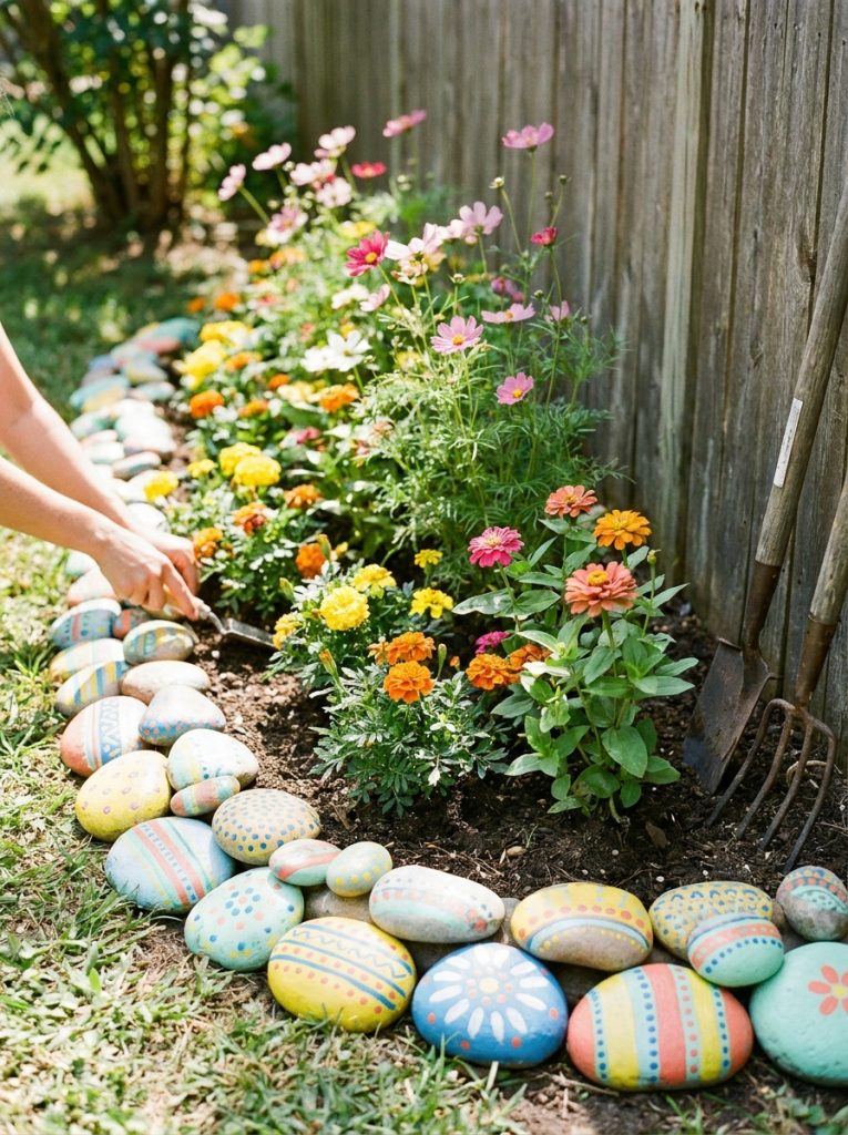 Charming DIY painted rock garden border with coordinating colored painted rocks lining bright flower bed