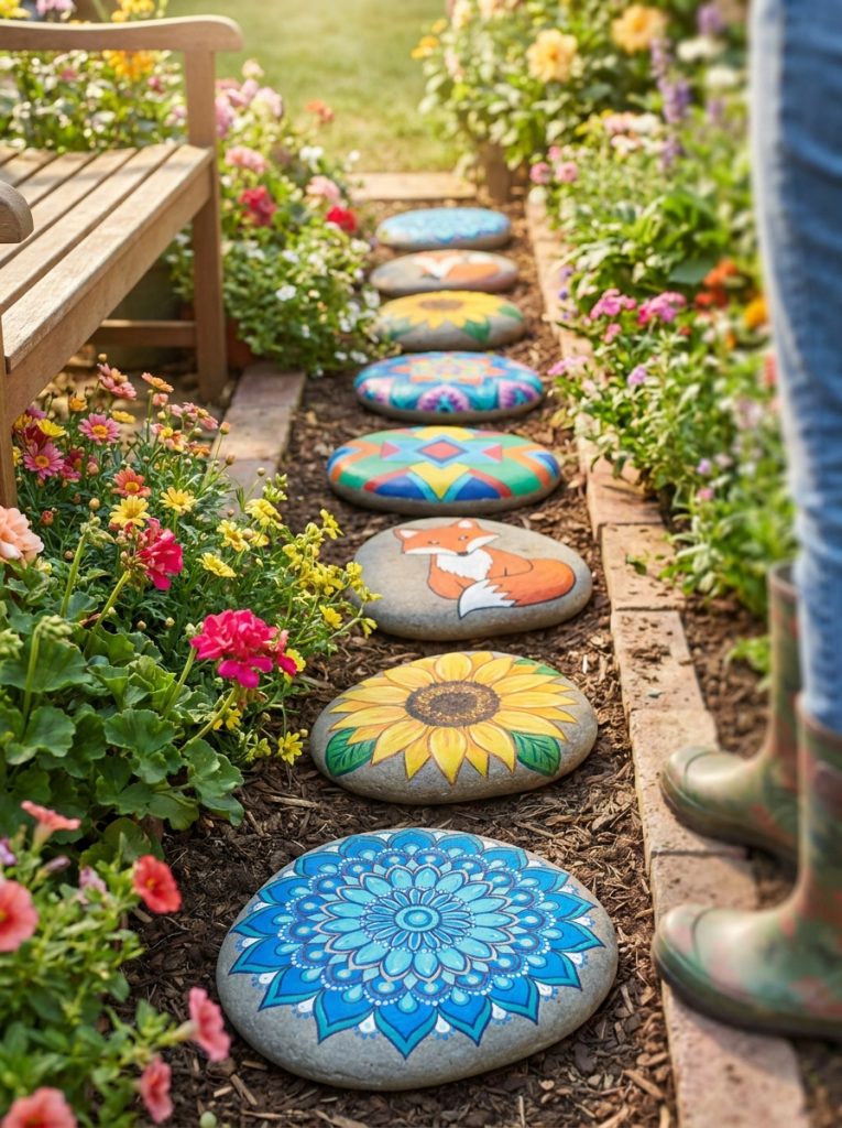Beautiful painted stepping stones DIY with vibrant flowers mandalas animals and decorative patterns displayed along colorful garden path