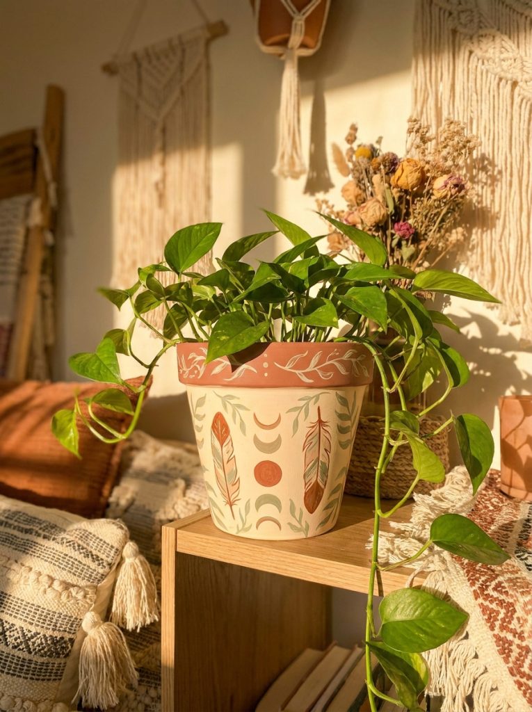 Beautiful bohemian painted terracotta pot with feathers moon phases and botanical patterns in earthy tones