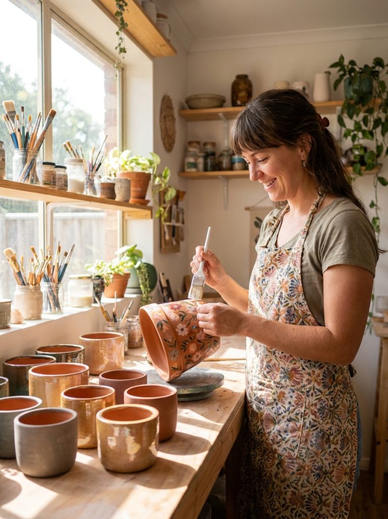 Beautifully painted terracotta pots being sealed with clear coat showing glossy and matte finished results 