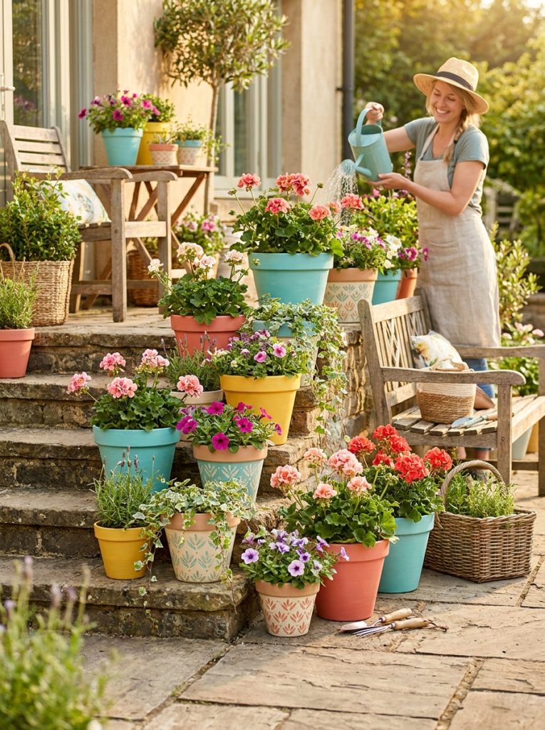 Beautiful display of painted terracotta pots in coordinating colors with flowers on garden steps and patio