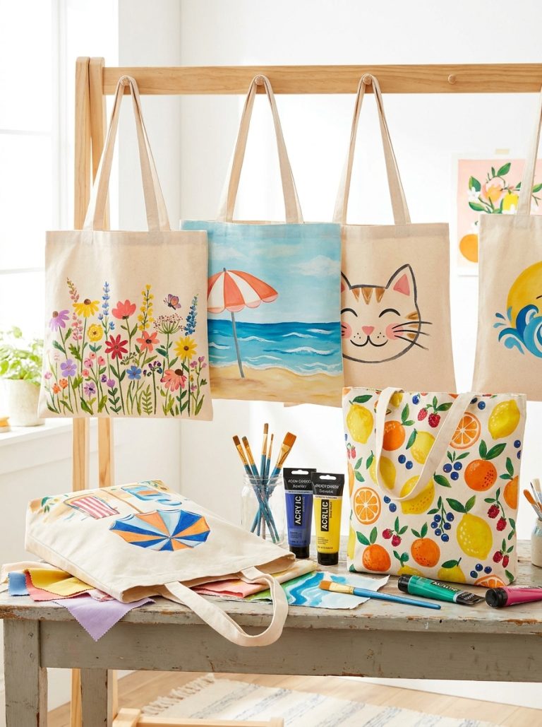 Beautiful tote bag painting ideas display with summer flower beach scene cute cat and colorful fruit pattern painted canvas bags