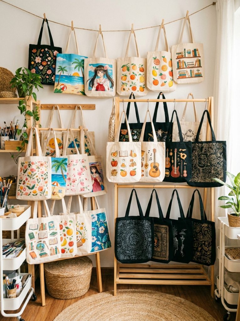 Complete tote bag painting ideas collection with floral summer beach aesthetic anime fruit book music and black designs displayed