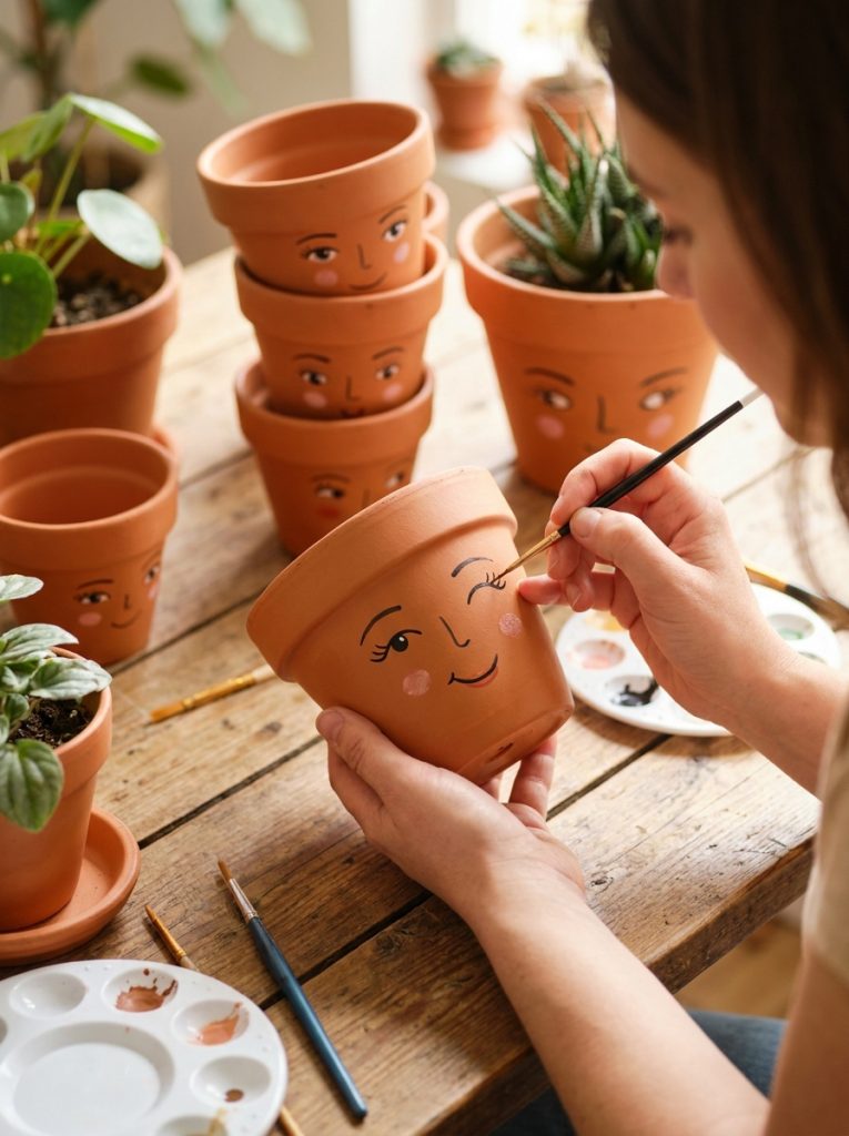 Flower pot faces DIY being painted with fine tip brushes showing precise eye details and facial feature lines on terracotta pots