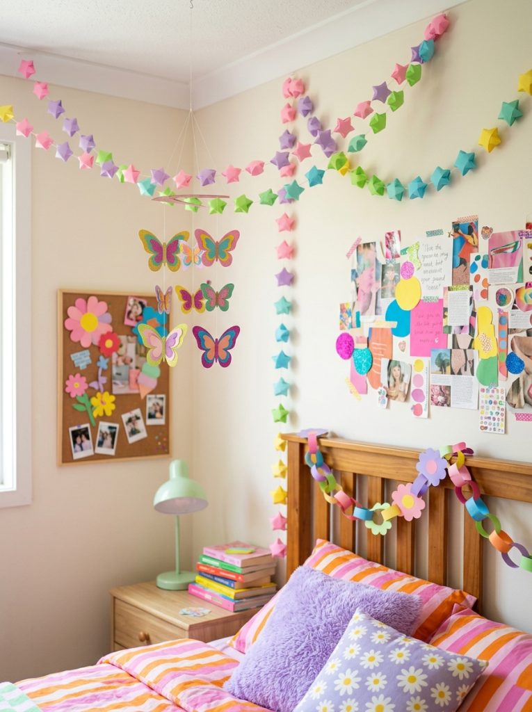 Beautiful paper Y2K DIY room decor with paper star garlands butterfly mobiles flower chains and paper collage in bright Y2K colors