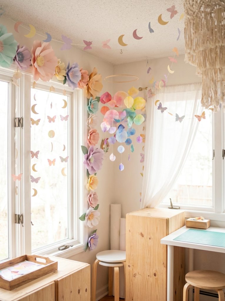 Beautiful whimsical paper craft creations with paper flowers butterflies moon garlands and colorful mobiles in dreamy colors displayed