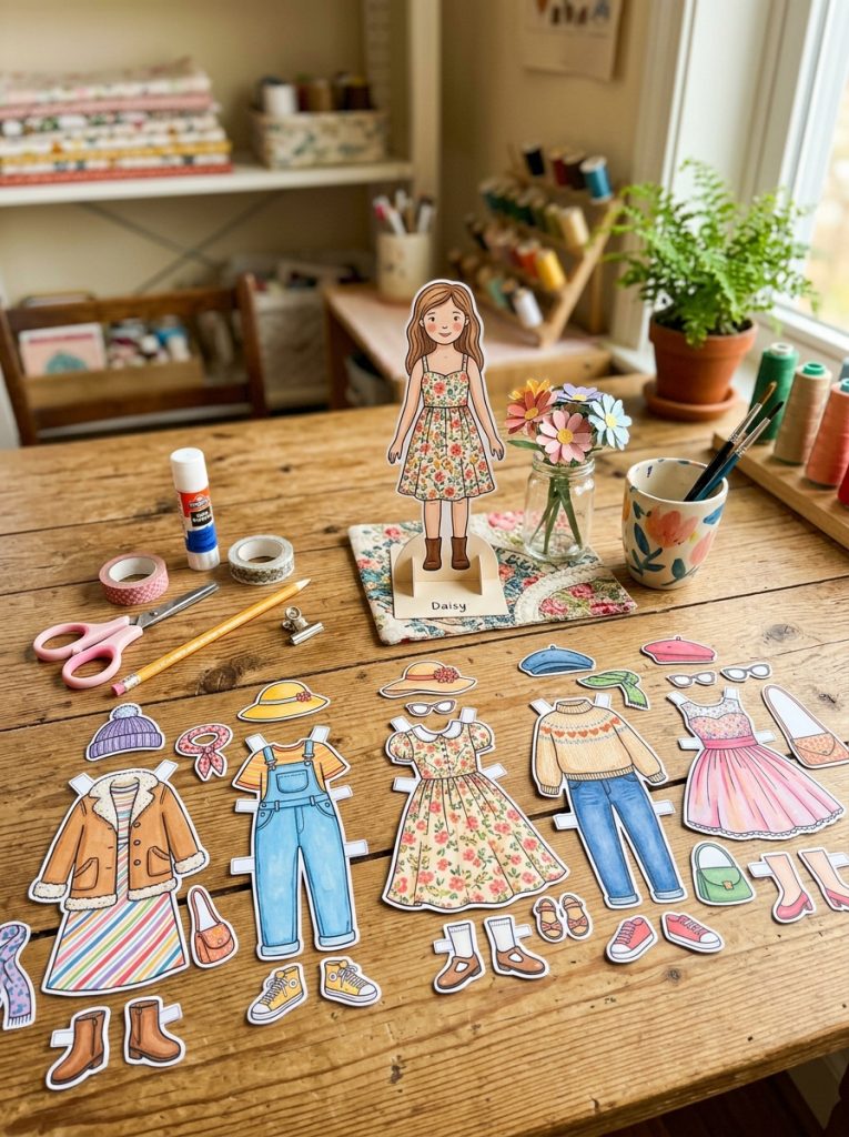  Beautiful paper doll printable DIY crafts with assembled dolls and multiple interchangeable printed clothing outfits on craft table 