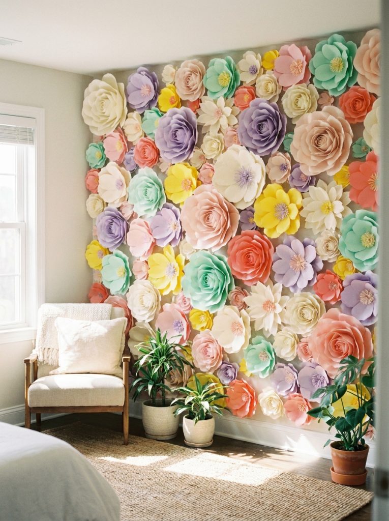 Beautiful whimsical paper flower wall with handmade paper flowers in soft pastel and bright colors at different sizes creating magical wall