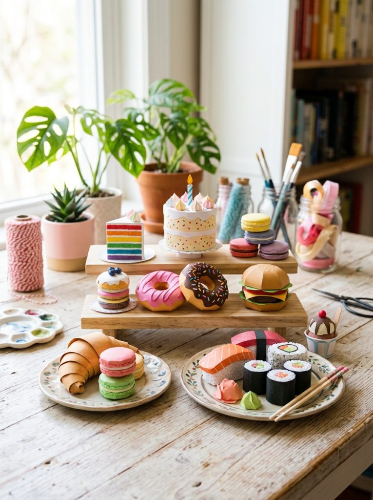 Adorable 3D food printable DIY craft creations with paper cakes donuts sushi and food items from printed templates on display
