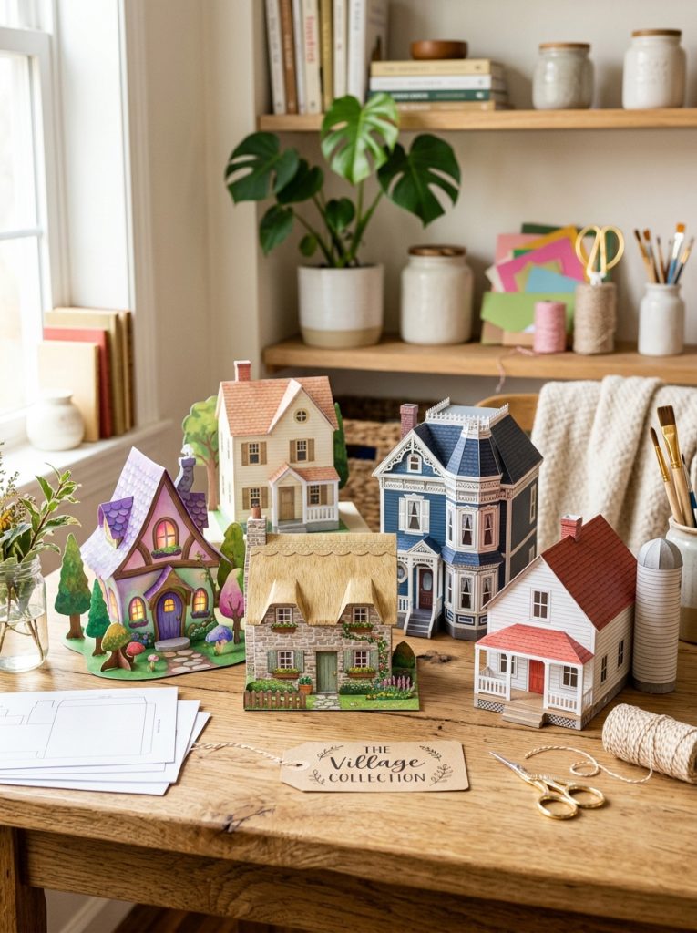 Beautiful printable DIY crafts house template collection with cottage Victorian farmhouse and fantasy houses in charming miniature display 