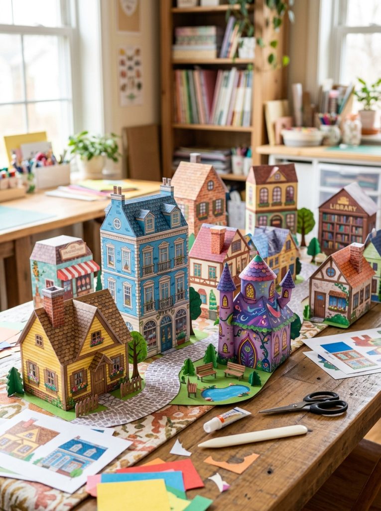  Beautiful 3D paper house printable DIY crafts with assembled cottage townhouse and fantasy buildings forming charming paper village