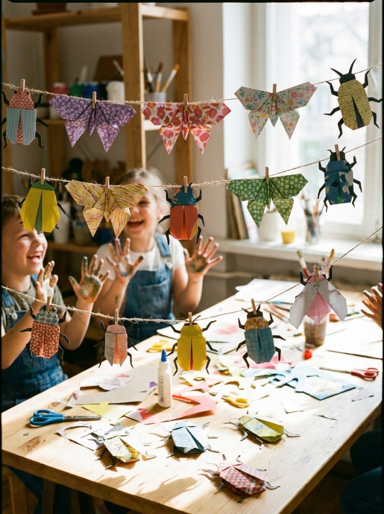 Simple paper insect crafts with colorful folded origami paper butterflies beetles and bugs in cheerful bright display