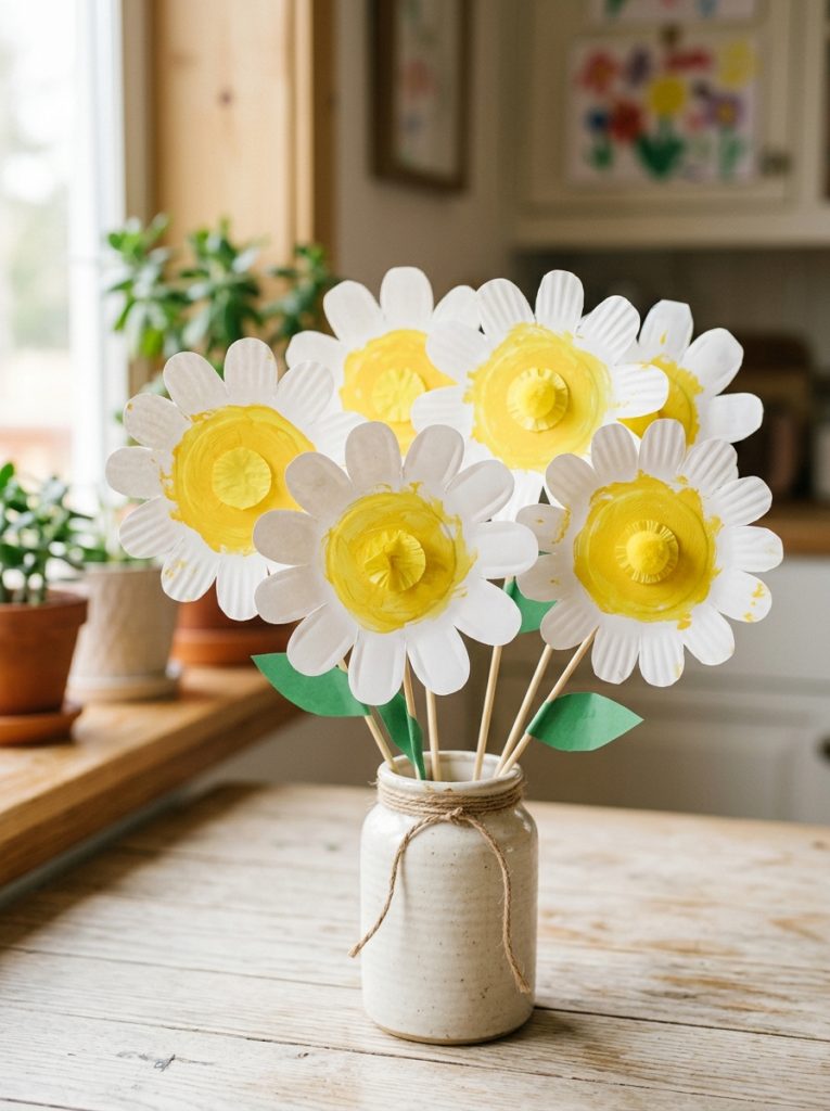 dorable paper plate daisy flower crafts made by kids with white petals and bright yellow centers displayed as cheerful collection