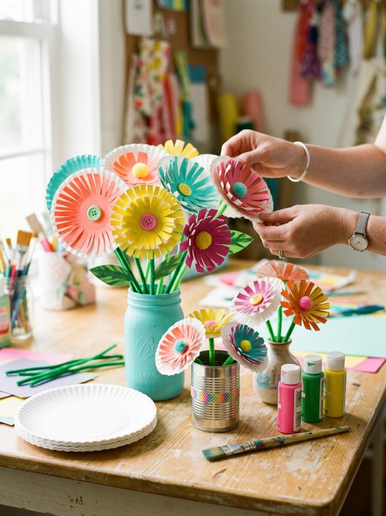 Creative dollar store paper plate flower DIY crafts with inexpensive supplies transformed into beautiful colorful impressive displays