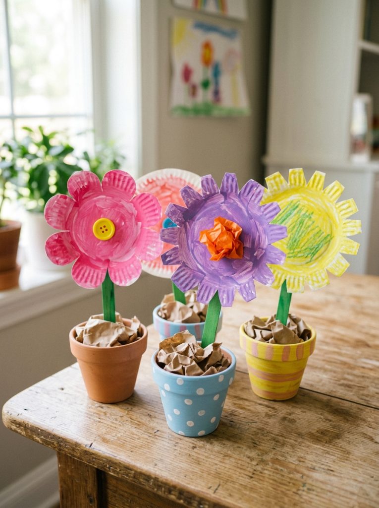 Adorable paper plate flower pot crafts made by kids with flowers emerging from small terracotta pots as miniature garden displays