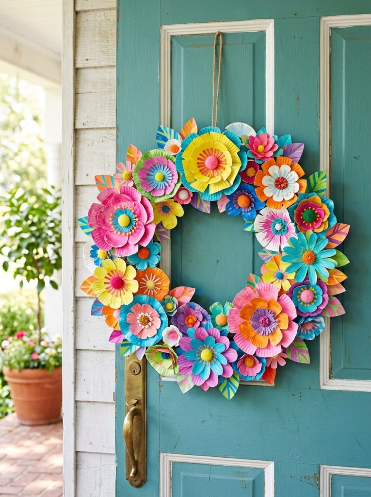 Beautiful DIY paper plate flower wreath with circular form covered in colorful paper plate flowers in multiple colors and sizes