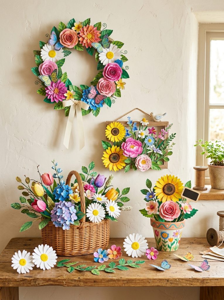Complete paper plate flowers collection with wreath basket arrangement wall garden flower pots and individual daisies displayed together