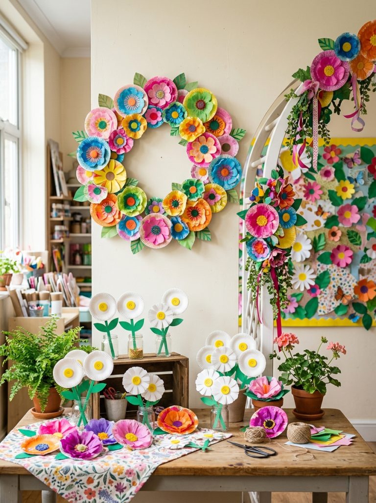 Beautiful paper plate flowers display with colorful wreath garden arch classroom backdrop and individual daisy crafts arranged cheerfully