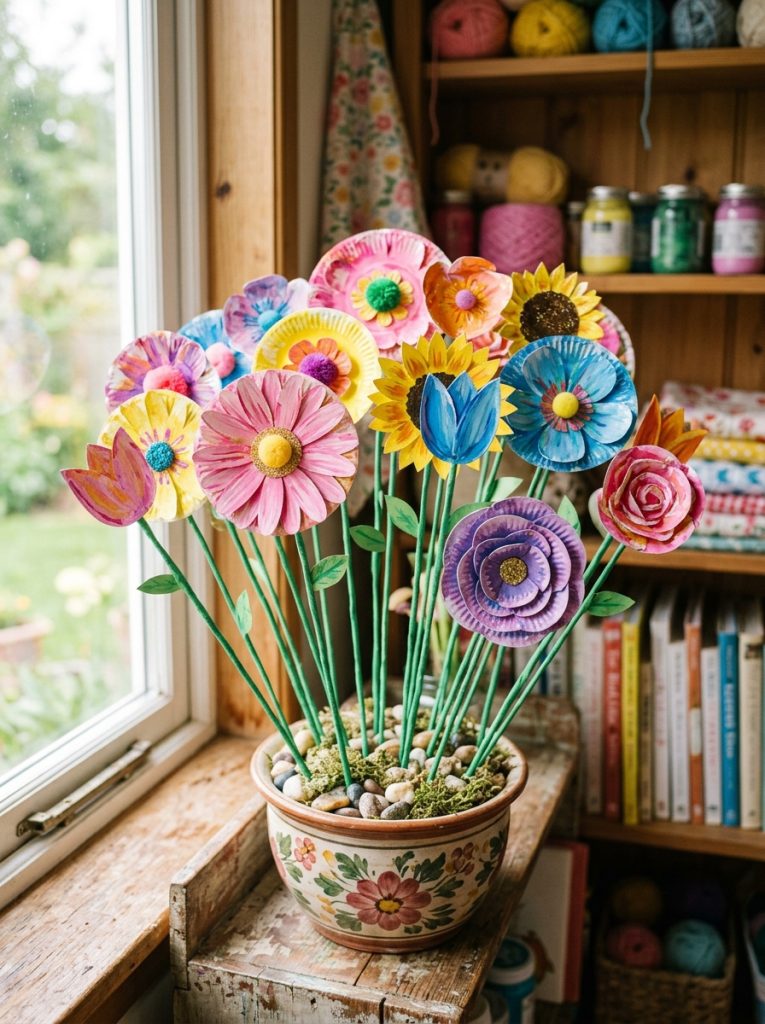 Beautiful paper plate flowers garden display with green stems arranged in vase or pot creating indoor paper plate flower garden