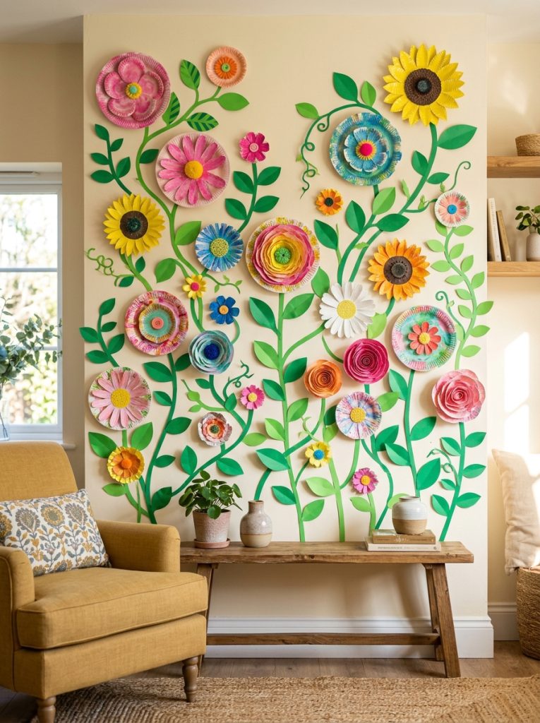 Beautiful paper plate flowers wall art garden display with multiple flowers arranged as complete wall garden with stems leaves and vines