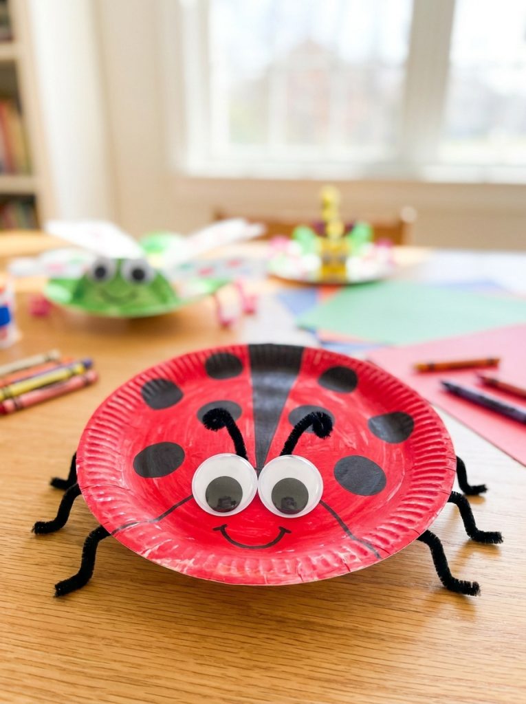  Bright cheerful paper plate ladybug insect craft painted red with black spots googly eyes and pipe cleaner legs