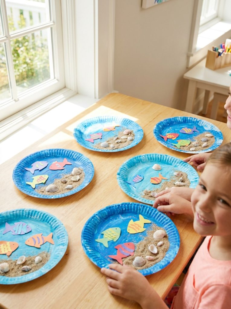 Adorable paper plate ocean seashell crafts with blue painted plates real shells sand and paper fish creating complete ocean scenes
