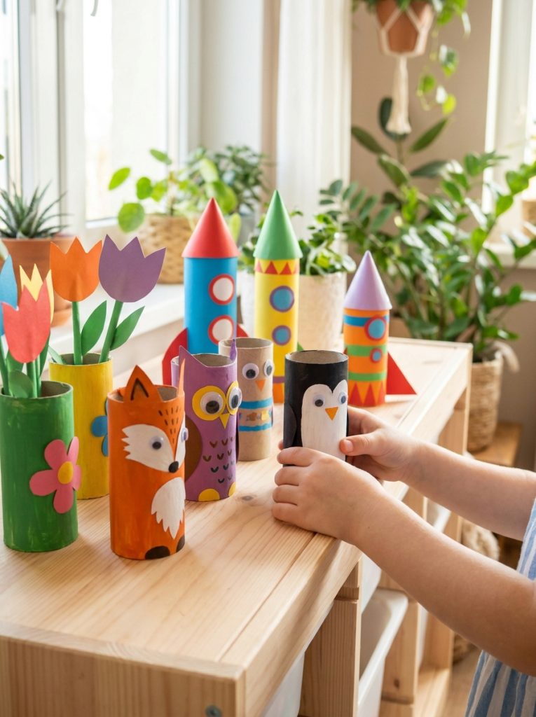 Simple paper roll craft ideas with toilet and kitchen rolls transformed into animals and characters with paint in cheerful display