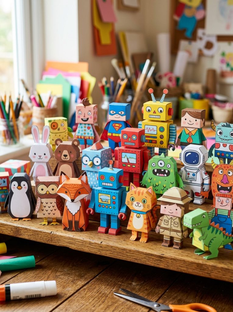 Cute paper toy figures assembled from printable DIY craft templates including animals robots and cartoon characters on shelf 